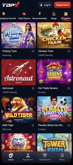 Pantalla de TopX: catálogo completo de juegos